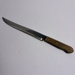 Vintage Geneva Forge Slicer Knife 12" Brown Wood Handle Stainless Steel USA Made